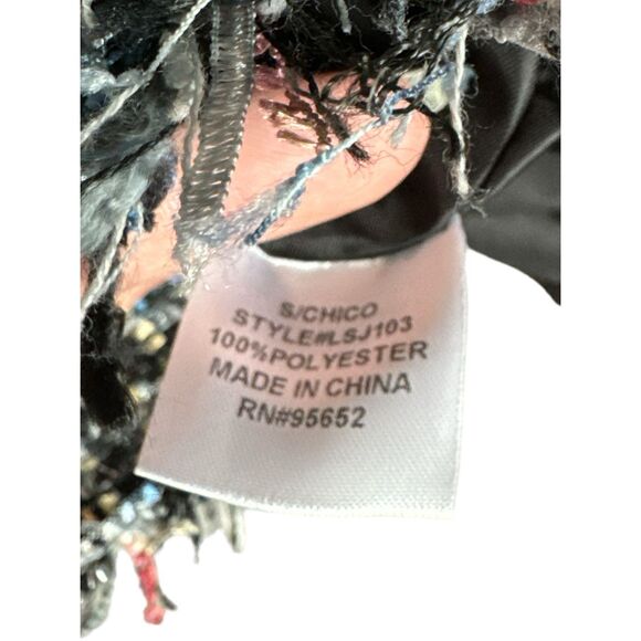 SANS SOUCI Womens sz S Tweed Metallic Fringe Woven Pearly Button Blazer Preppy - Picture 5 of 7